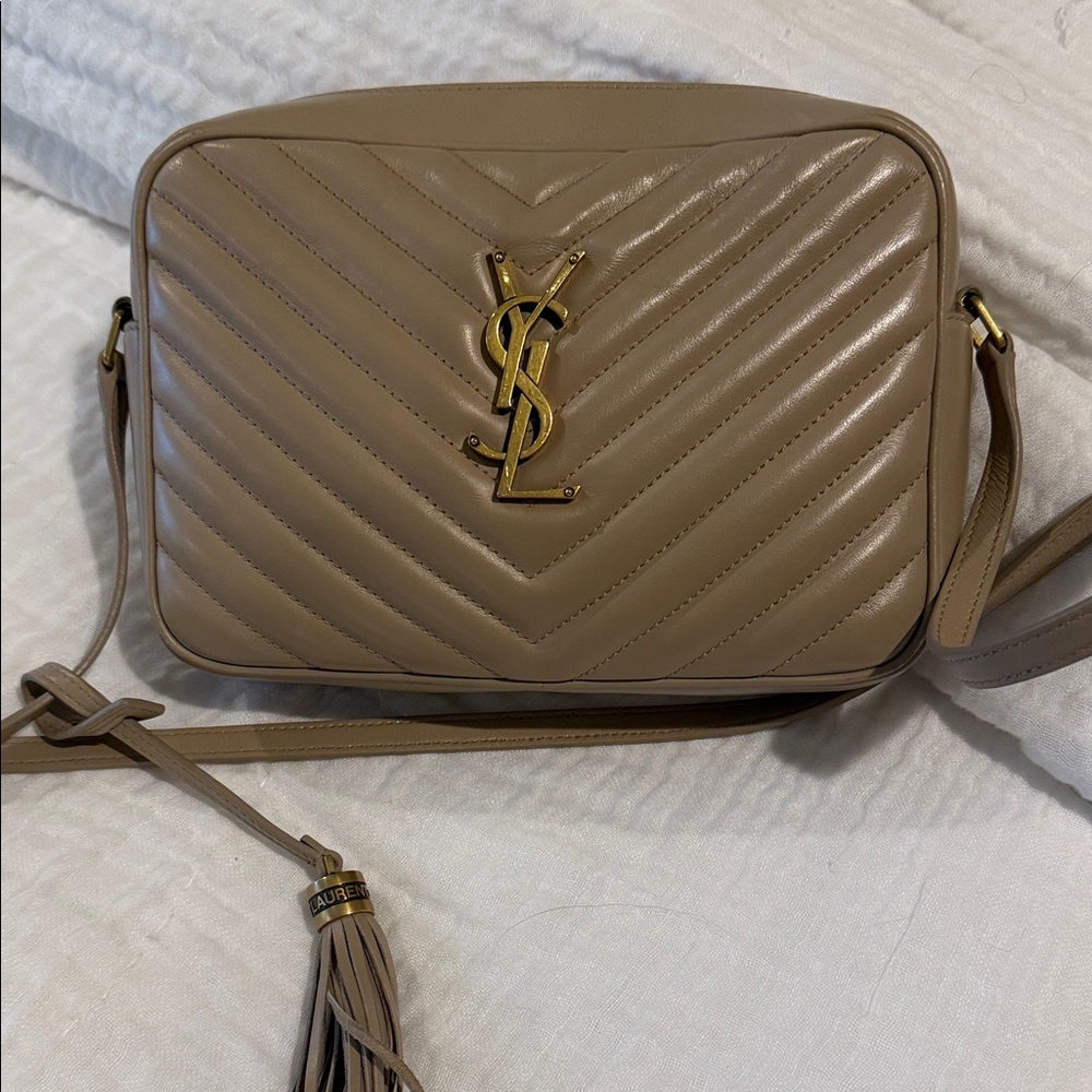 SAINT LAURENT Calfskin Matelasse Monogram Lou Camera Bag Dark Beige